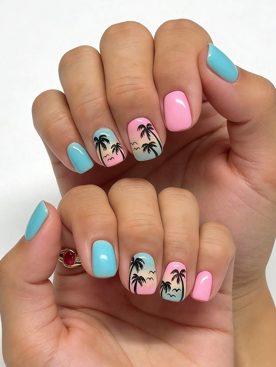 24片装短方形优雅粉蓝渐变亮面美甲贴片，椰树条纹，海鸥亮面法式美甲，时尚百搭，适合约会、派对、春夏等场合，适合女性和女孩日常佩戴，可卸式按压美甲套装，包含果冻胶和指甲锉，持久耐用，易于佩戴，果冻胶颜色随机。 - 彩色 - 查看 1