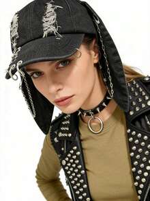 1 chiếc mũ lưỡi trai nữ kiểu Y2K tai thỏ rách rưới, mũ snapback phong cách đường phố hip hop độc đáo. - mũ thỏ - Xem 8