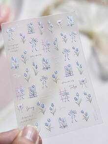 1 pieza Marco de fotos con relieve de sobre, ramo de tulipanes azules y rosas, lazo y plantas de primavera románticas, pegatinas de arte de uñas 5D para manicura - Multicolor - Ver 6