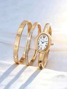 3 PiecesWomen's Watch Set, Including Stainless Steel Bracelet, Gold Quartz Watch, Elegant Oval Case And Dial - A Minimalist Luxury Watch Design Suitable For Daily Wear And Formal Occasions - Gold - View 1