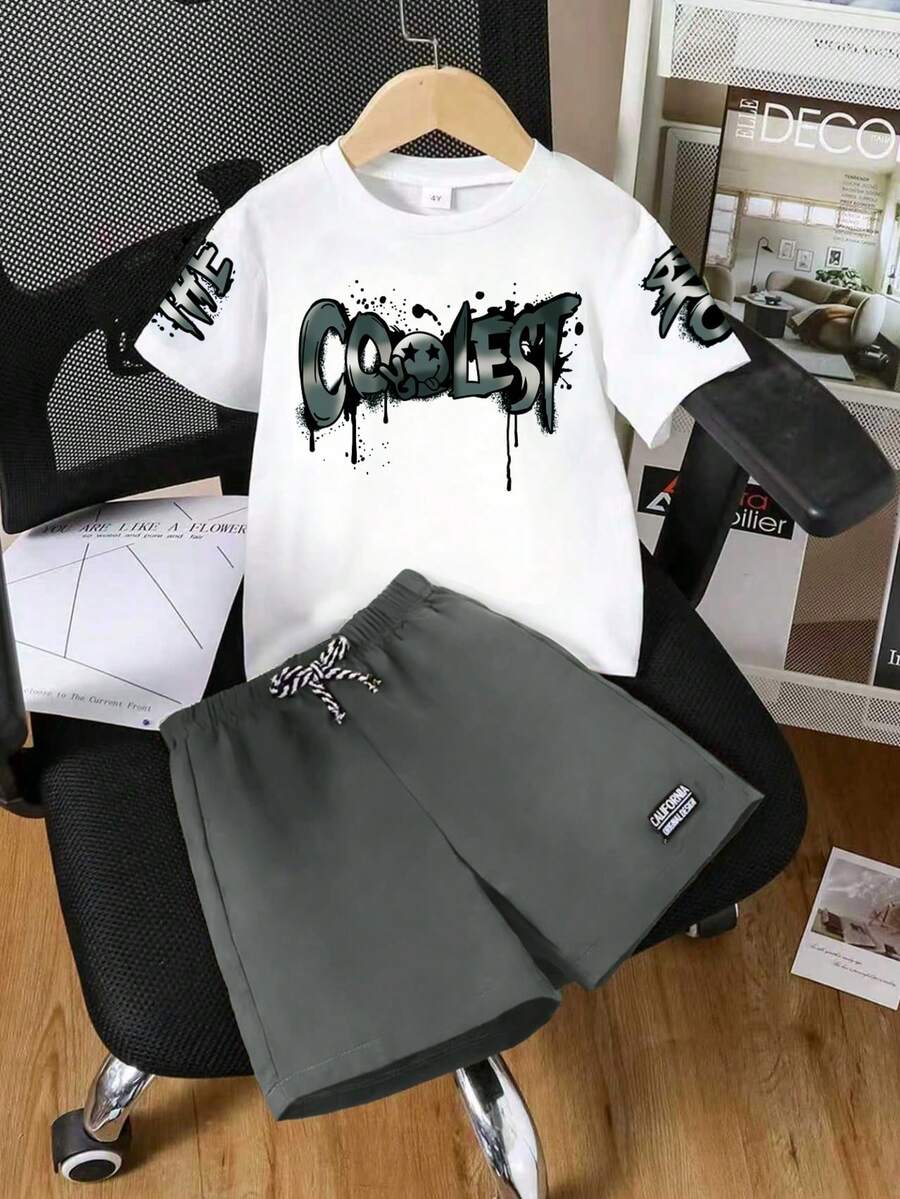 男童休闲时尚街头通勤字母卡通印花短袖T恤和打结短裤套装，夏季 - 灰色 - 查看 1