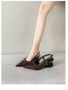 Brown Pointed Toe Rivet Bow Tie High Heel Sandals, Unique Heel Design, Versatile Wear With Dresses, Summer New Arrival - Brown - View 3