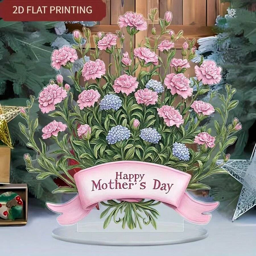 1pc 2D Acrylic Carnation Decor, Suitable For Office, Bedroom And Living Room, Mother's Day And Birthday Creative Gift, Multifunctional Floral Decoration With Stand - Style a - View 1