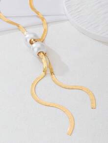 1pc Y-Shaped Long Necklace, Minimalist Pearl Tassel Design, Elegant & Versatile Long Necklace For Women - Yellow Gold - View 5
