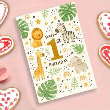 1/3 Sets Cute Animal Theme 1st Birthday Greeting Cards With Envelopes, Featuring Illustrations Of Lion, Giraffe, Zebra, Elephant And Tropical Leaves, Perfect Memento For Friends, Birthday Or Special Celebration - Multicolor - View 6