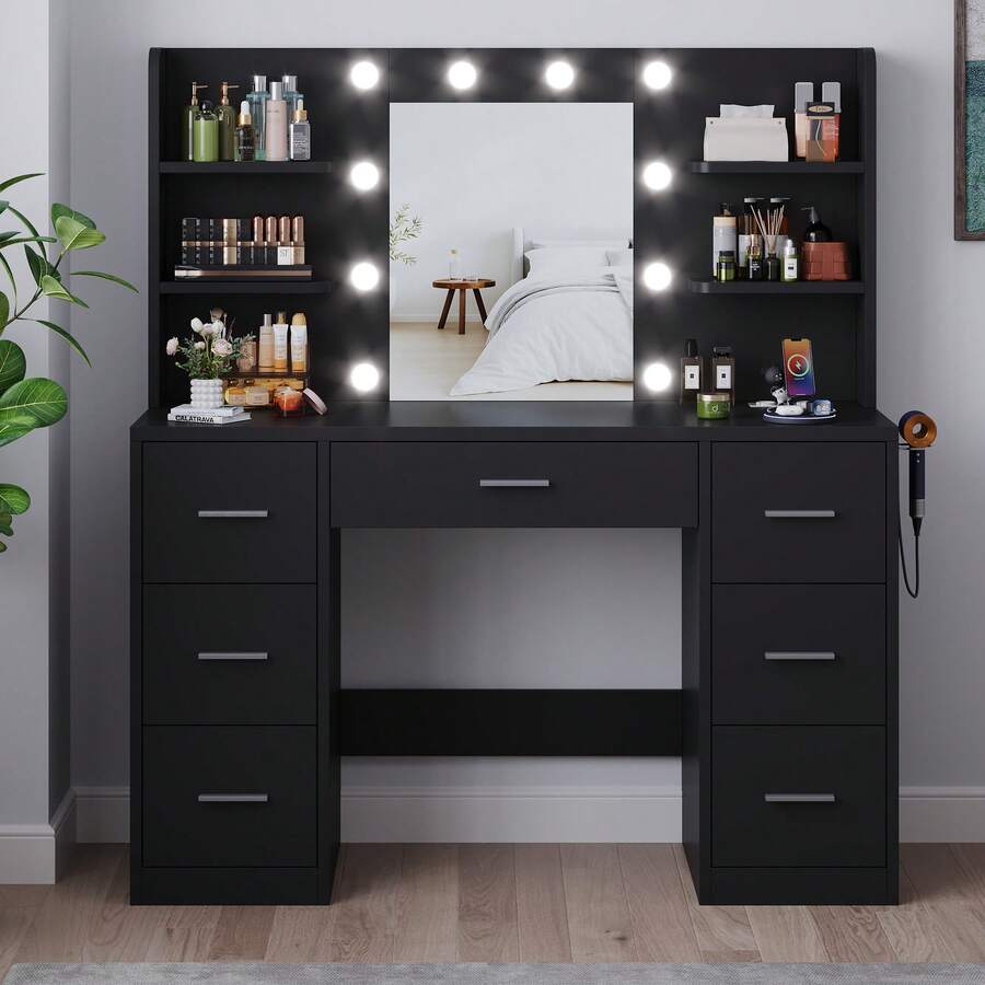 Devoko Large Dressing Table With Adjustable LED Lighting, Mirrored Dressing Table, With 7 Drawers, 4 Open Shelves And 2 Power Outlets, Suitable For Bedrooms, White - 查看 1