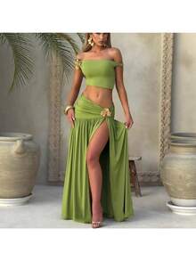 2026 Summer New Sexy Hot Girl Slanted Shoulder Navel Pleated Metal Decoration Beach Vacation Long Skirt Two-Piece Set - 綠色 - 查看 4