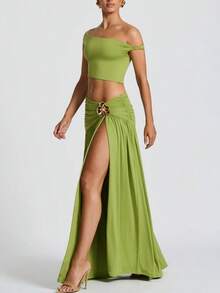 2026 Summer New Sexy Hot Girl Slanted Shoulder Navel Pleated Metal Decoration Beach Vacation Long Skirt Two-Piece Set - 綠色 - 查看 6