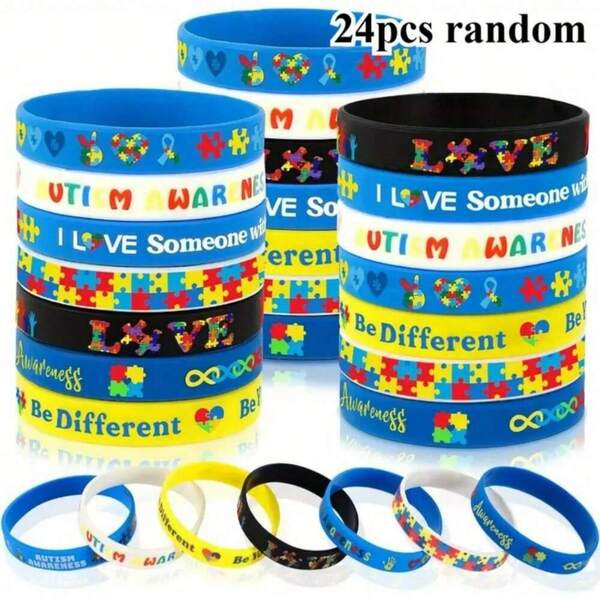 24pcs, Autism Awareness Silicone Wristband, Silicone Bracelets Colorful Puzzle Pieces Inspirational Rubber Wristbands Accessories For Party Decorations Gift Supplies