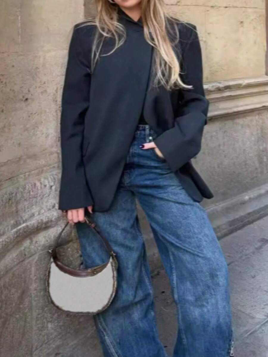 Áo khoác nữ DEEKA mùa xuân mới, kiểu dáng châu Âu và Mỹ phối chất liệu tối giản, cổ đứng, màu đen. - màu đen - Xem 1