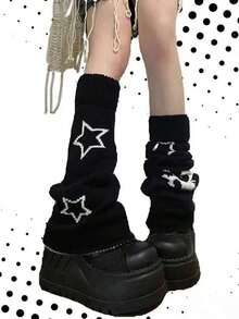 1 Pair Reversible Skull Star Element Leg Warmers, Bell-Bottomed Leg Warmers, Cozy - 黑色 - 查看 2