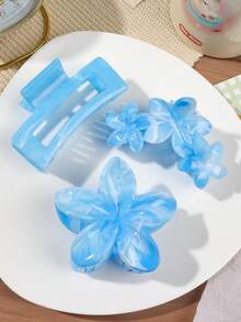 3件套天蓝色方形花朵组合发夹，包含大号爪夹、发爪夹、半丸子头夹，波西米亚风格，适合旅行、海滩、街头时尚。 - 彩色 - 查看 2