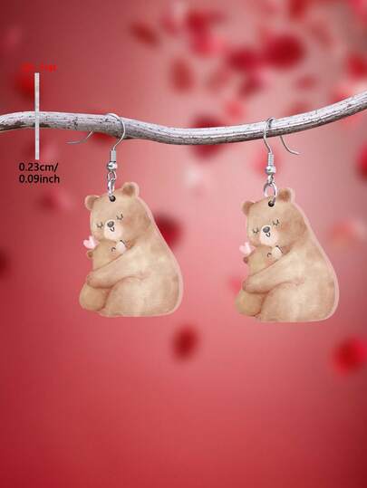 1 Pair 2D Flat Cute Cartoon Animal Hugging Pattern Acrylic Pendant Drop Earrings, Elegant Minimalist Style Jewelry Earrings For Women, Suitable For Daily Wear, Mother's Day Gift