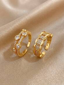 18K Gold Plated Copper Double-Layer Color-Block Zirconia Open Gold Ring For Women, Gold Plated Ring, Jewelry Set, Suitable For Daily Wear, Festivals, Parties, Dating, Beach, Easter, Mother's Day, Summer Jewelry, Valentine's Day Gifts, Gifts For Mom, Bohemian Style Jewelry - Multicolor - View 2