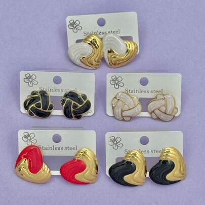 复古金色不锈钢耳环，女士款 - 复古心形花朵蝴蝶结珍珠耳钉