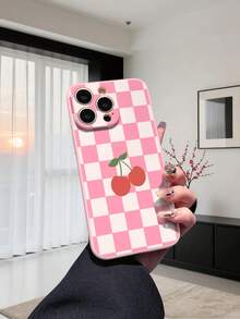 1pc Minimalist Plaid Cherry Pattern Shockproof Protective Phone Case, Compatible With IPhone/ Galaxy/HONOR, Fashionable And Stylish Choice - Pink - View 2
