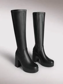 Women's Platform Chunky Heel Knee-High Boots Square Toe  Side Zipper Fashion Solid Color Y2K  Party Long Boots Shoes - 黑色 - 查看 7