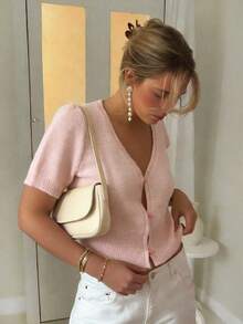 Women's Pink Short Sleeve V-Neck Knit Cardigan, Lightweight Front Button Casual Top, Summer Clothing - Pink - View 3