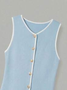 Vestido de cárdigan de punto elegante y minimalista para mujer, estilo Mori Girl para primavera/verano - Azul claro con bordes blancos - Ver 10