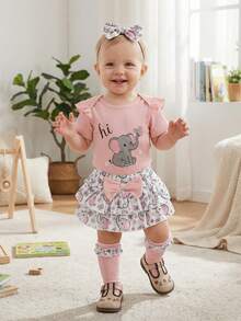 Infant Baby Girl Summer Outfit Elephant Print Short Sleeve Ribbed Romper Ruffle Shorts Bow Headband And Stockings 4 Piece Clothes Set - Pink - View 3
