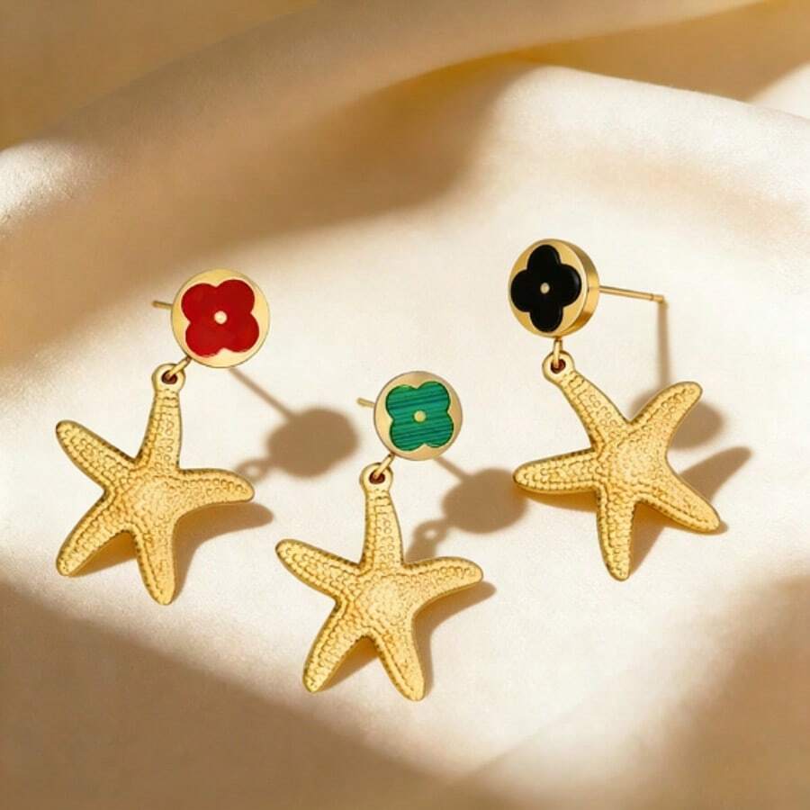 3对海星耳环，独特个性化女士耳环 - 金色 - 查看 1