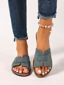 Ximi Ruo 2026 New French Retro Matte Gray-Green H-Shaped Slip-On Flat Sandals, Open Toe, Casual Comfortable Slippers For Summer, Versatile Wear,Beach Shoes - Lime Green - View 5