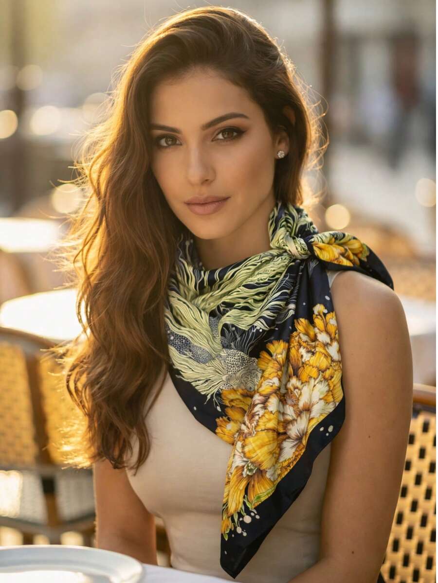 Lenço feminino cetim quadrado grande 90x90 chic  Poliéster    Estampado - Amarelo / Preto - Visão 1