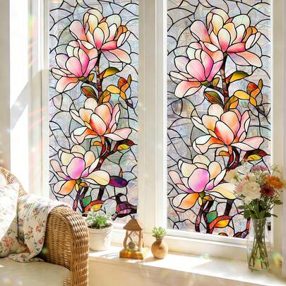 1/5pcsBeautiful Floral Geometric Stained Glass Window Decals,Reusable PVC Electrostatic Adsorption,Featuring Rose And Sunflower Patterns,Suitable For Bathrooms, Bedrooms,Dining Rooms,And Home Decor.
