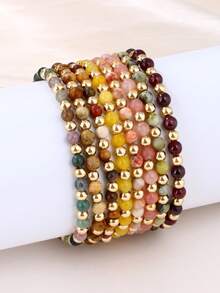 Vòng tay phong cách Bohemian làm từ đá sơn, ngọc bích vàng, mã não, hạt vàng, phụ kiện đá tự nhiên có thể xếp chồng lên nhau, vòng tay co giãn tối giản. - Vòng đeo tay - Xem 12