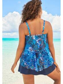Swimsuits For All Swim Women's Plus Size Mesh Double-Tier Tankini Top - Blue Leafy Palms - View 2