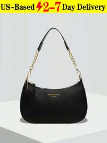 This Fashionable, Classic And Versatile Letter Graphic Design Solid Color PU Waterproof Material Crescent-Shaped Shoulder/Underarm Bag Is Suitable For Shopping And Can Be Worn Crossbody. - 黑色 - 查看 12
