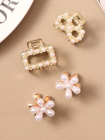 4pcs Flower & Bow Pearl Hair Clips, Small Size Hair Accessories For Women