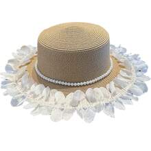 Sweet-Style Pearl Lace Straw Hat For Women, New Spring/Summer Wide-Brimmed Outdoor Sun Protection Hat, White Fedora Suitable For Use On The Beach And In Outdoor Activities. - 卡其 - 查看 5