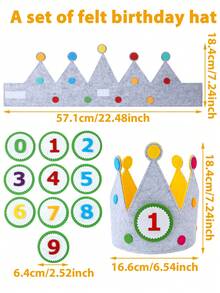 生日皇冠帽，带数字，毛毡皇冠，生日帽，生日皇冠，3D贴纸布艺皇冠，0-9可替换数字，生日蛋糕帽，派对装饰 - 多色 - 查看 4