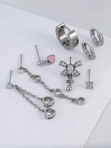 8件套优雅闪亮立方氧化锆蝴蝶心形链条耳环套装，适合女性日常、约会、音乐节叠戴搭配 - 銀色 - 查看 5