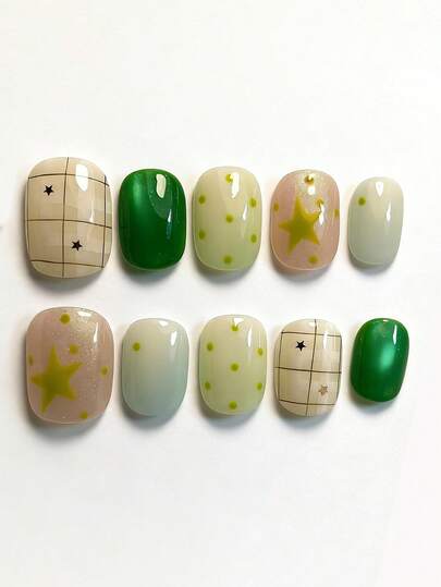 10pcs It Features A Fresh Color Palette Of Creamy Green And Soft Pink, Paired With Playful Grid Patterns, Star Motifs, And Polka-Dot Accents, Exuding A Lively And Cheerful Vibe. The Glossy Finish And Vibrant Details Create A Sweet And Energetic Texture. This Charming Style Is Perfect For Adding A Touch Of Spring Freshness To Any Outfit, Making It Ideal For Daily Outings And Casual Gatherings.