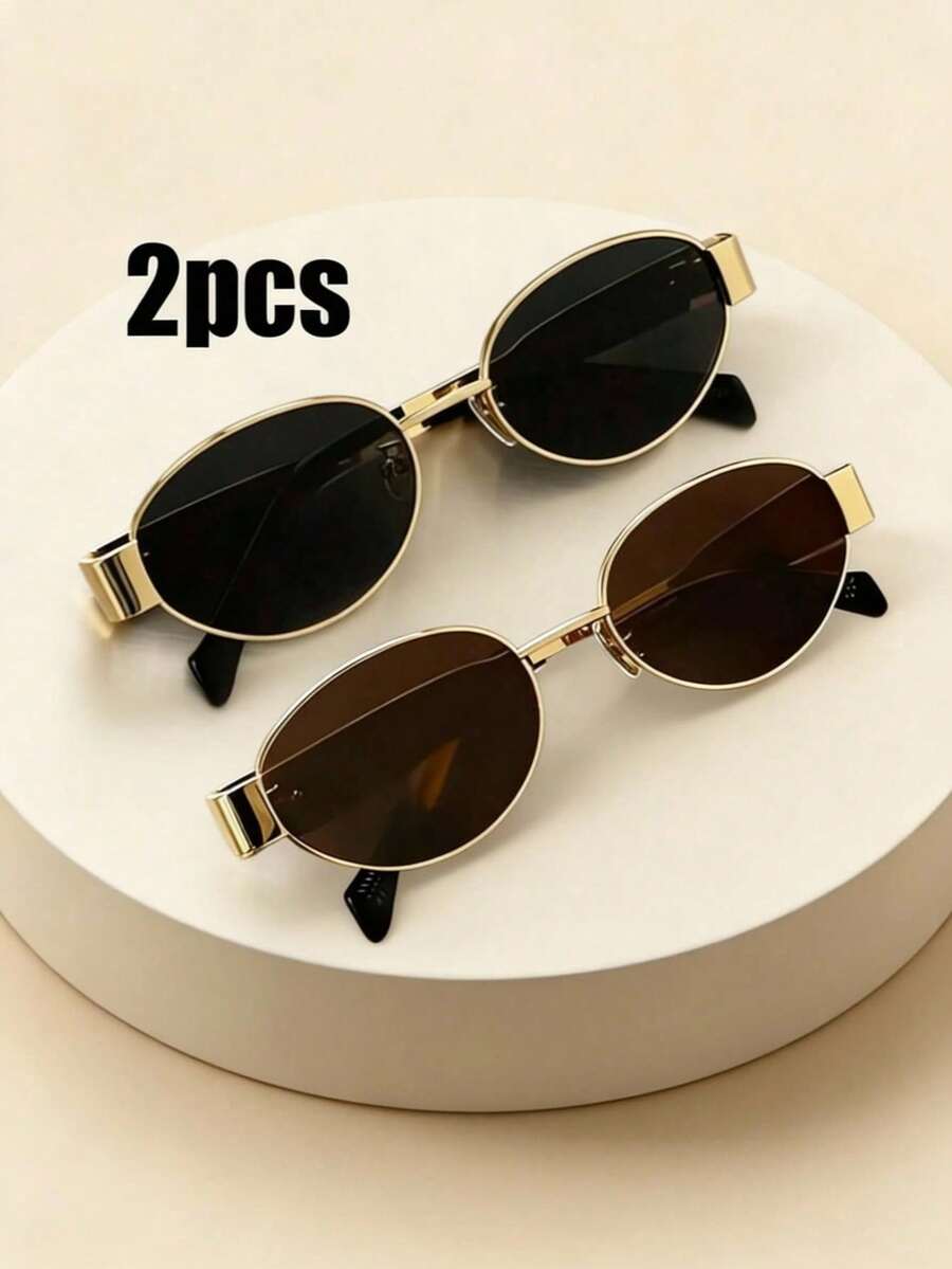 2pcs Retro Bohemian Metal Oval Shaped Fashion Glasses, Fashionable And Stylish For Street Photography - 2pcs Gold Grey Gold Tea Combination - View 1