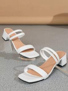 Giày sandal cao gót màu đen dành cho nữ, kiểu dáng thanh lịch mùa hè, chất liệu giả da lộn, hở mũi, gót chunky, quai ngang mắt cá chân. - trắng - Xem 4