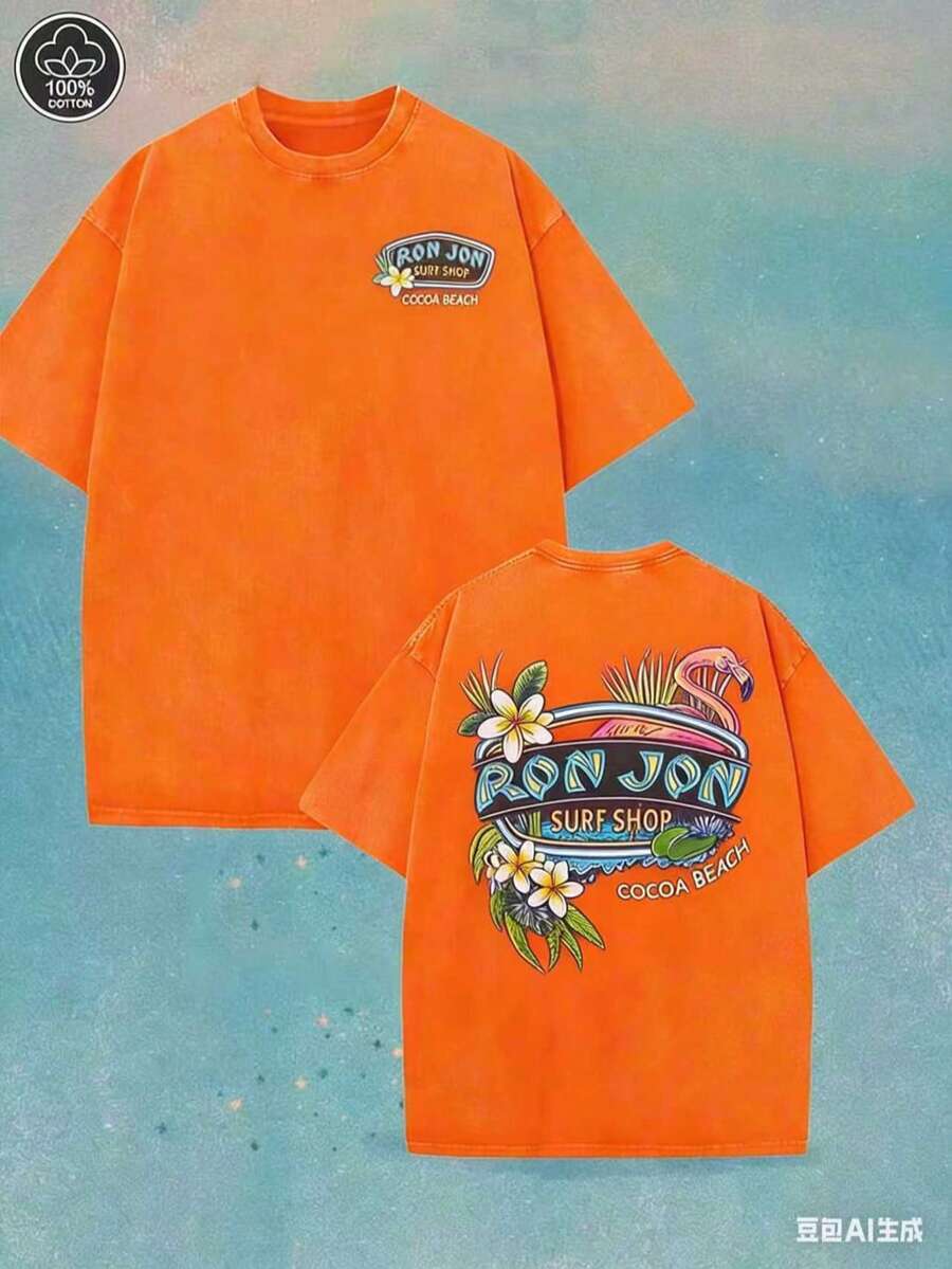 (230 Pure Cotton T-Shirt) Men's T-Shirt, Surf Shop Graphic T - Shirt,Street Style-HD07 - 橘色 - 查看 1