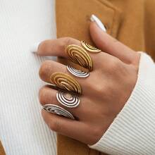 3pcs/Set 18K Gold Plated 304 Stainless Steel Dual-Tone Spiral Oval Ring Set, Textured Gold & Silver Open Rings, Fashionable Geometric Stackable Rings, Women Daily Wear & Party Gift - Multicolor - View 6