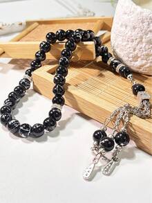 1pc 33 Beads Round & Square Tassel Muslim Prayer Beads, Fashionable & Versatile For Holding Or Wearing - Black - View 1