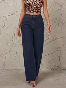 Quần jeans denim trơn màu, kiểu dáng thanh lịch, có cúc, khóa kéo và túi, dành cho nữ, thích hợp cho tiệc tùng, kỳ nghỉ, ở nhà và mặc hàng ngày. - Rửa tối - Xem 1