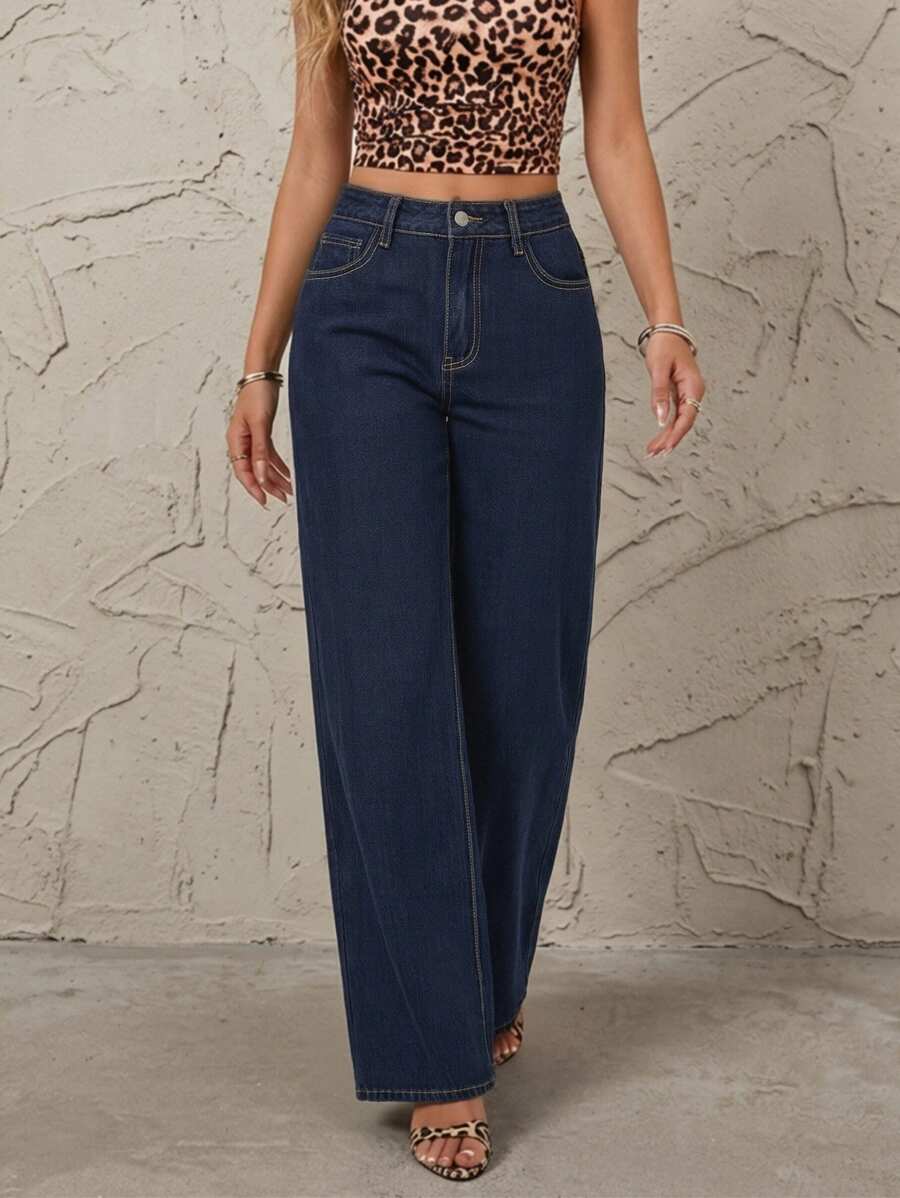Quần jeans denim trơn màu, kiểu dáng thanh lịch, có cúc, khóa kéo và túi, dành cho nữ, thích hợp cho tiệc tùng, kỳ nghỉ, ở nhà và mặc hàng ngày. - Rửa tối - Xem 1