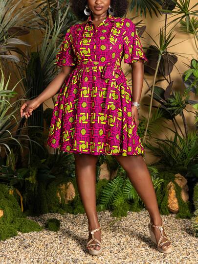 Faeriesty 大码优雅翻领短袖衬衫裙，高腰百褶裙摆，A字版型，适合婚礼宾客、伴娘伴郎、订婚派对、正式晚宴、专业摄影等场合。