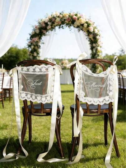 1 Set Lace Transparent Wedding Chair Identification, Wedding Chair Decor, Wedding Chair Sash, Lace Chair Sash, Wedding Signage, Mr. & Mrs. Wedding Chair Cover With Satin Ribbon, Suitable For Wedding Party Ceremony Reception Decoration Gift