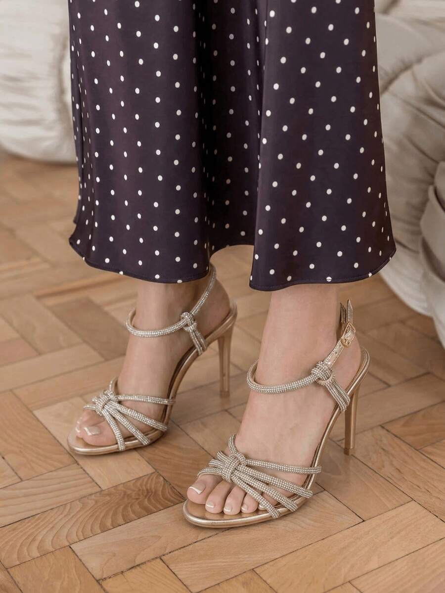 Sandales de Soirées e Talons Aiguilles e Lanières Croisées Etincelantes - Ouro - Ver 1