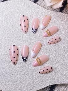 10 piezas de uñas postizas con forma de almendra hechas a mano con puntas francesas negras, blancas y rosas, y lunares negros. Adornadas con líneas doradas 3D hechas a mano y cuentas de acero dorado, combinadas con puntas francesas negras y blancas pintadas a mano y lunares negros. Uñas postizas elegantes, románticas y minimalistas con un estilo lujoso, sexy y de lujo ligero. Adecuadas para uso diario, citas, conciertos y ocasiones de negocios ligeros. Un regalo ideal para mujeres y niñas. - Multicolor - Ver 5