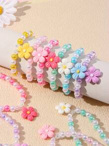 Conjunto de 12 peças com pingente de flor delicado, colar com pérolas, brincos e anel. Ideal para festas, escola e como presente de aniversário para meninas. - Multicolorido - Ver 5