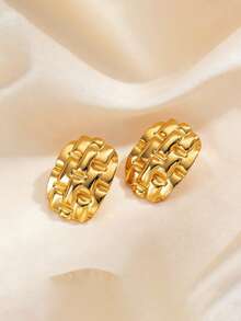 1 Pair New Asymmetrical Oval Textured Lightweight Fashionable Jewelry Stainless Steel Earrings, Suitable For Daily Wear All Year Round - Gold - View 6