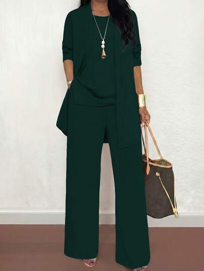 3 Stücke Damen Große Größen Casual Outfit Set: Jacke/Strickjacke + Rundhals Ärmellos Top + Gummizug Taille Gerade Bein Hose, weiches dehnbares Material, locker geschnitten, bequem für den Alltag, Frühling/Herbst/Winter elegant für den Sommer